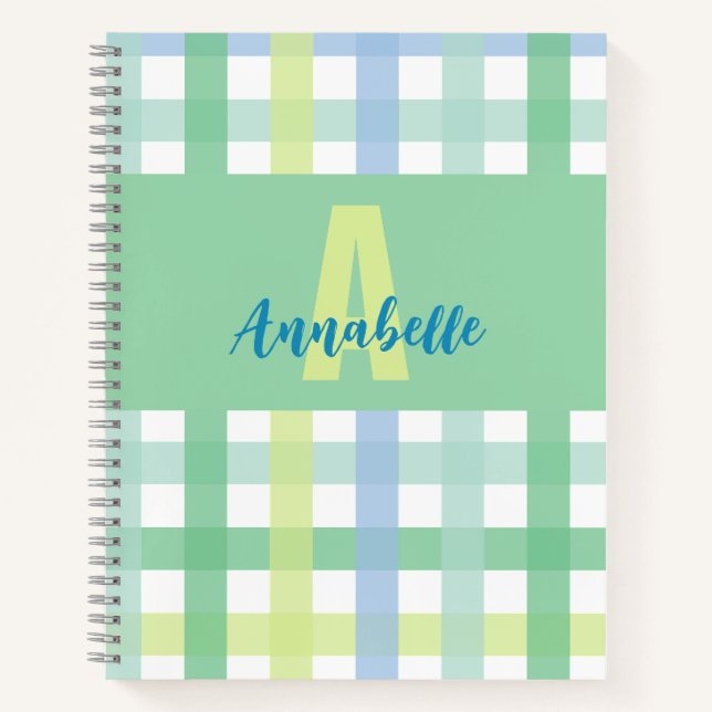 Blue Green Lime Pastel Monogram Gingham Pattern  Notebook (Front)