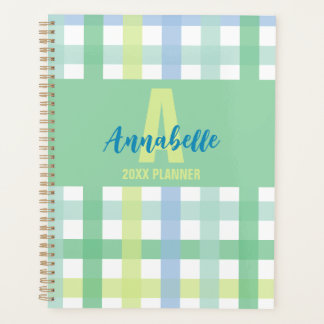 Blue Green Lime Pastel Monogram Gingham Pattern Planner