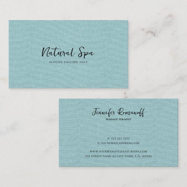 Blue-Green Linen Texture Print black Typography Business Card (Front/Back)
