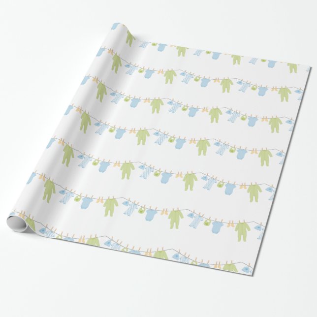 Blue & Green Little Clothes Wrapping Paper (Unrolled)