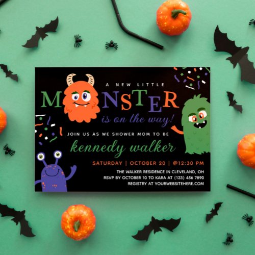 Blue Green Little Monster Halloween Baby Shower Invitation