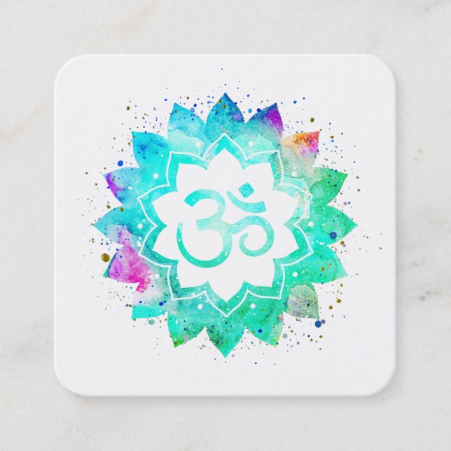 *~* Blue Green Lotus Flower Mandala Om Aum Symbol Square Business Card (Front)