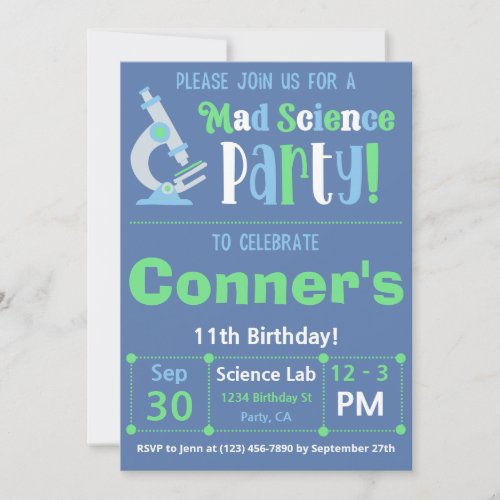 BlueGreen Mad Science Experiment Birthday Party Invitation