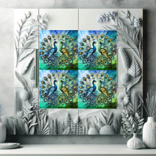 Blue Green Majestic Peacock Couple Golden Feather Ceramic Tile