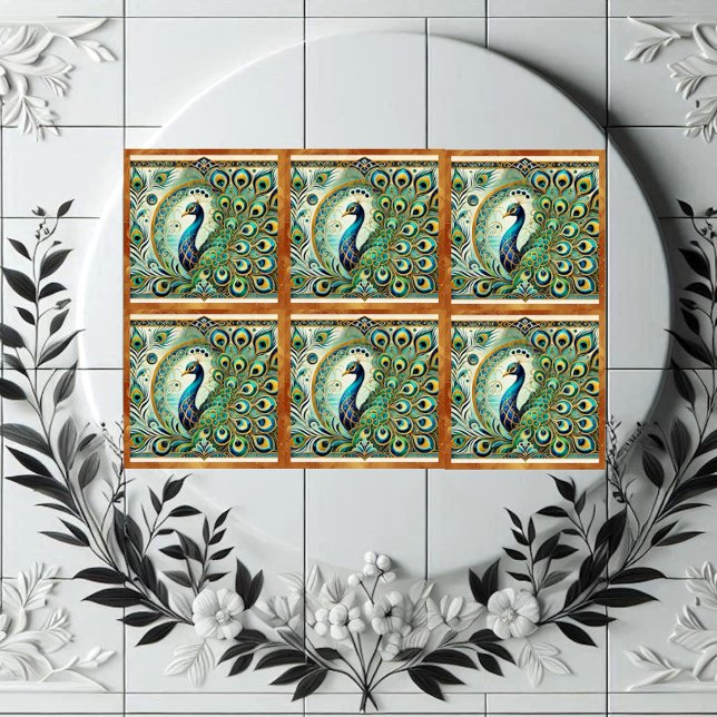 Blue Green Majestic Peacock Golden Feathers Motif  Ceramic Tile (Blue Green Majestic Peacock Golden Feathers Motif Ceramic Tile)