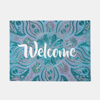 Blue Green Mandala Abstract Welcome Mat by BecometheChange at Zazzle