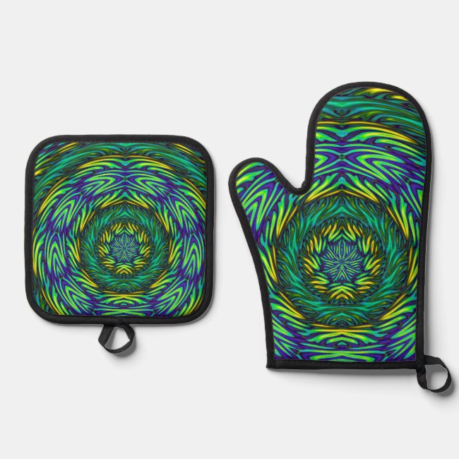 Blue Green Mandala Oven Mitt and Pot Holder Set