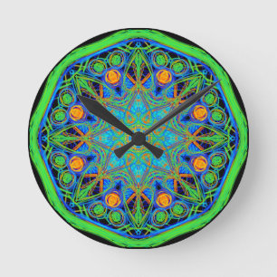 Blue Green Mandala Round Clock