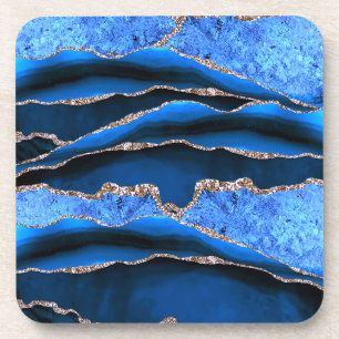 BLUE GREEN MARBLE AGATE GOLD GLITTER GLAM BEVERAGE COASTER