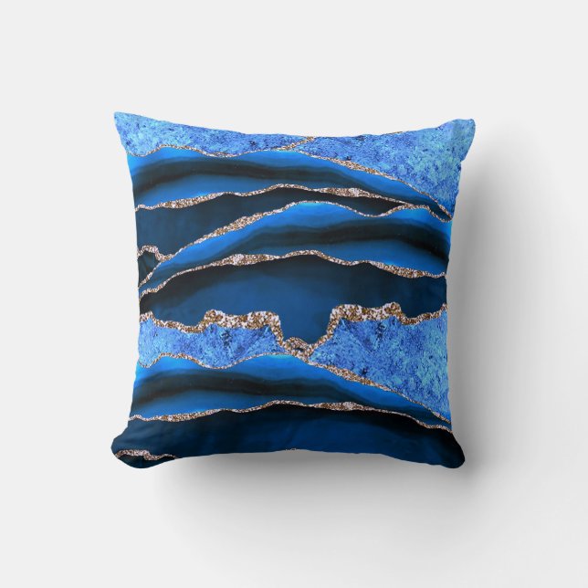 BLUE GREEN MARBLE AGATE GOLD GLITTER GLAM THROW PILLOW (Front)