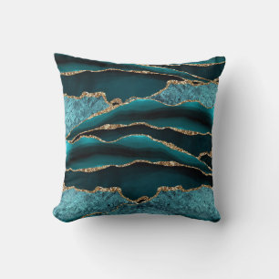 BLUE GREEN MARBLE AGATE GOLD GLITTER GLAM THROW PILLOW