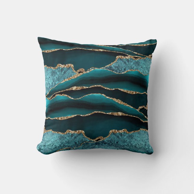 BLUE GREEN MARBLE AGATE GOLD GLITTER GLAM THROW PILLOW (Front)
