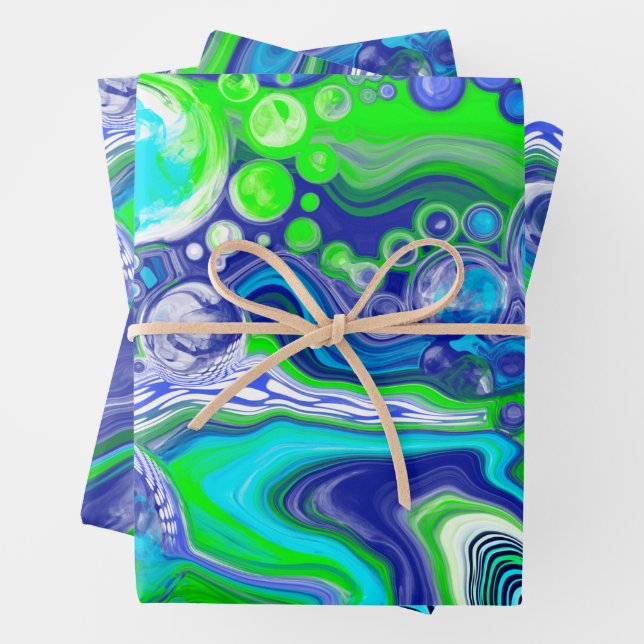 Blue Green Marble Swirls Birthday or baby shower Wrapping Paper Sheets (In situ)
