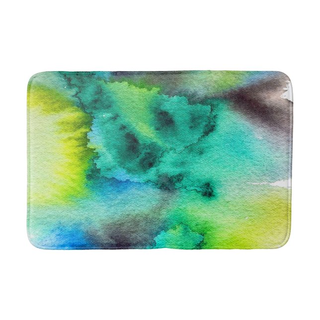 Blue Green marble Tie dye watercolor Bath Mat (Front)