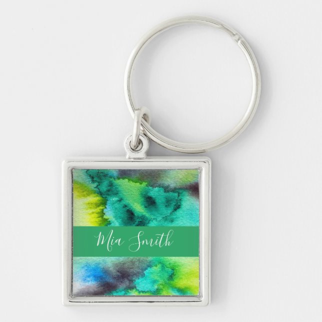 Blue Green marble watercolor art Keychain (Front)
