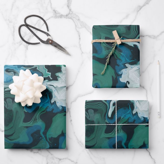 Blue Green Marbled Brushstrokes Handmade Art Wrapping Paper Sheets (Front)