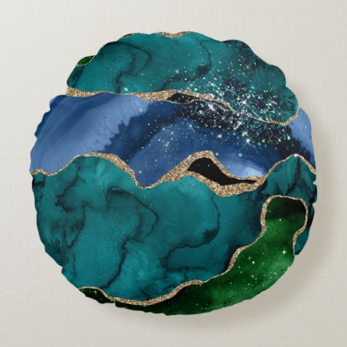 Blue Green marbled faux gold glitter trendy Round Pillow