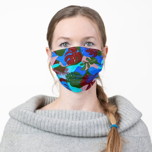 Blue Green Maroon Tropical Plants Adult Cloth Face Mask (Worn)