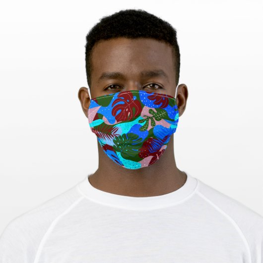 Blue Green Maroon Tropical Plants Adult Cloth Face Mask (Worn)