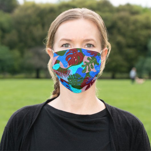 Blue Green Maroon Tropical Plants Adult Cloth Face Mask (Outside)