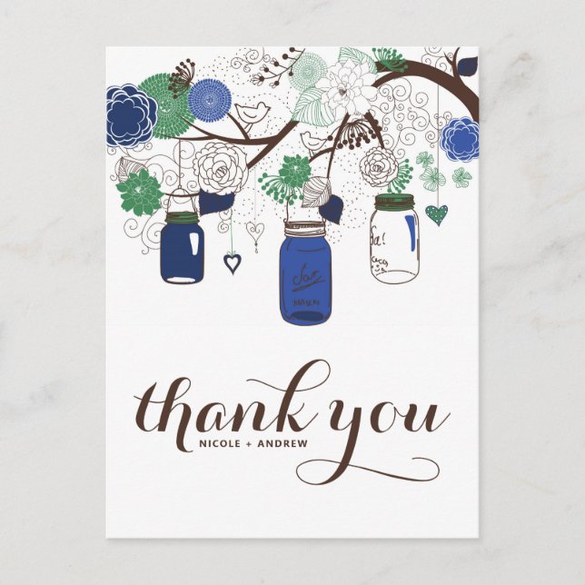 BLUE & GREEN MASON JARS WEDDING THANK YOU POSTCARD (Front)