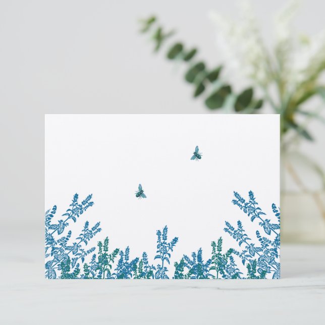 Blue Green Meadow Floral Bumble Bee Wedding RSVP (Standing Front)