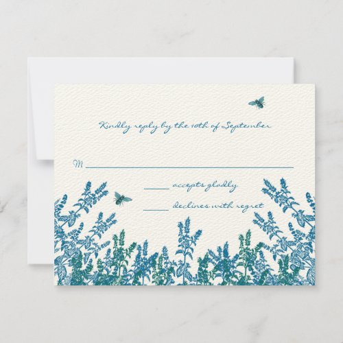 Blue Green Meadow Floral Bumble Bee Wedding RSVP