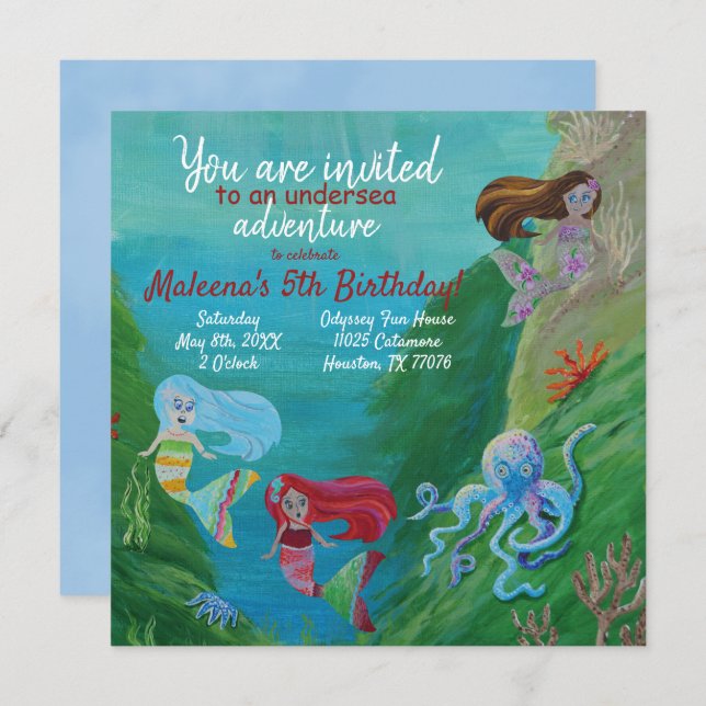 Blue, Green Mermaid Birthday Invitation (Front/Back)