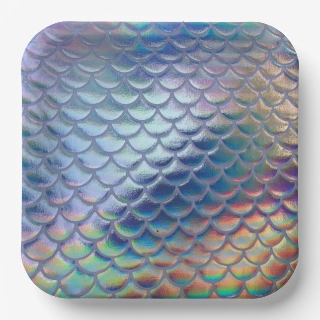 Blue Green Mermaid Fish Scales Holographic Trendy  Paper Plates (Front)