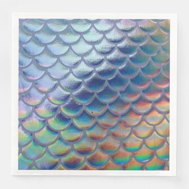 Blue Green Mermaid Scales Holographic Decoupage Paper Dinner Napkins (Front)