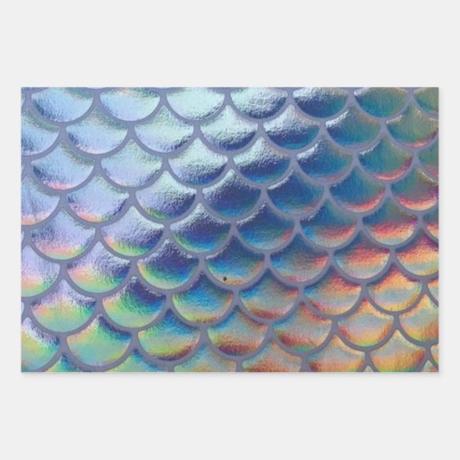 Blue Green Mermaid Scales Holographic Decoupage Wrapping Paper Sheets (Front)