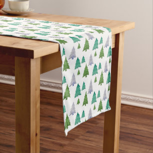 Blue Green Merry Tree Watercolor Long Table Runner