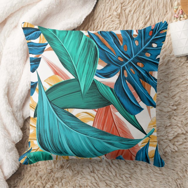 Blue & green Modern Contemporary Fern Leaf Pattern Throw Pillow (Blanket)
