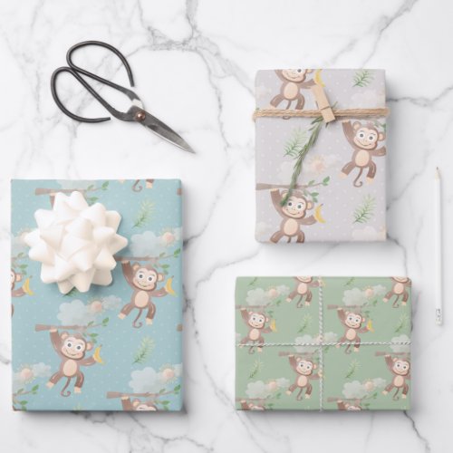 Blue Green  Monkey Tree Clouds Baby Shower  Wrapping Paper Sheets