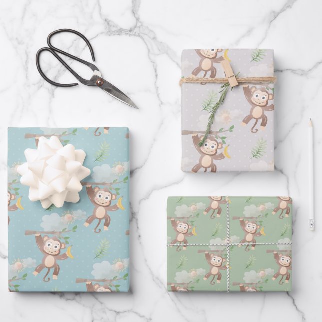 Blue Green  Monkey Tree Clouds Baby Shower  Wrapping Paper Sheets (Front)