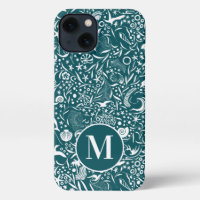 Blue Green Monogram Initial Ocean Pattern
