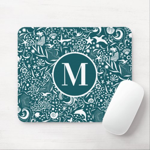 Blue Green Monogram Initial Ocean Pattern Mouse Pad