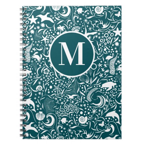Blue Green Monogram Initial Ocean Pattern Notebook