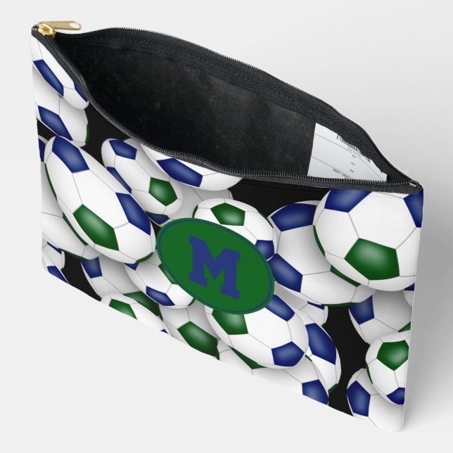 blue green monogrammed soccer balls pattern  accessory pouch (Open)