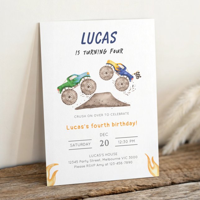 Blue & Green Monster Truck Birthday Party Invitation (Creator Uploaded)
