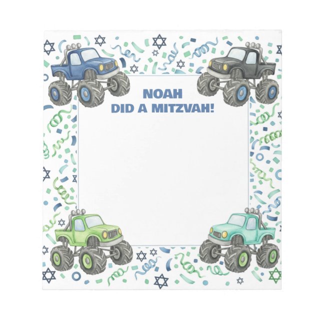 Blue Green Monster Truck Personalized Mitzvah  Notepad (Front)