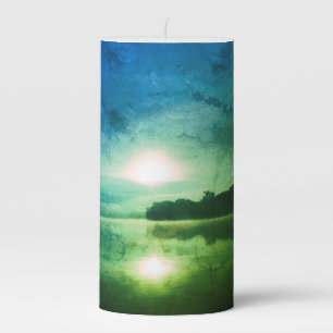 Blue Green Morning Sunrise abstract at CT River Pillar Candle