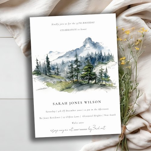 Blue Green Mountain Landscape Sketch Birthday Invitation