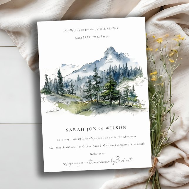 Blue Green Mountain Landscape Sketch Birthday Invitation (Creator Uploaded)