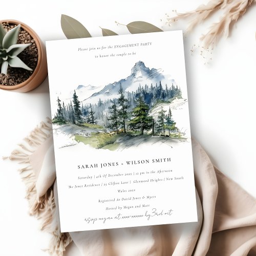 Blue Green Mountain Landscape Sketch Engagement Invitation