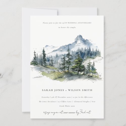 Blue Green Mountain Sketch Wedding Anniversary Invitation