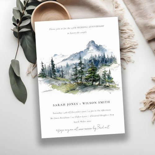 Blue Green Mountain Sketch Wedding Anniversary Invitation