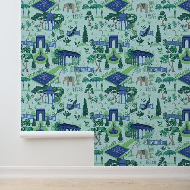 Blue & Green Mughal Garden Pattern Wallpaper (Application)