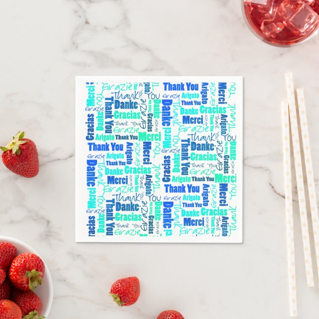 Blue Green Multilingual Thanks Typography Collage Napkins (Insitu)