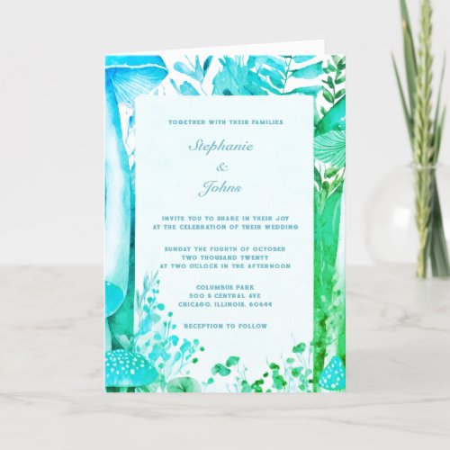 Blue Green Mushroom Woodland Abstract Boho Wedding Invitation